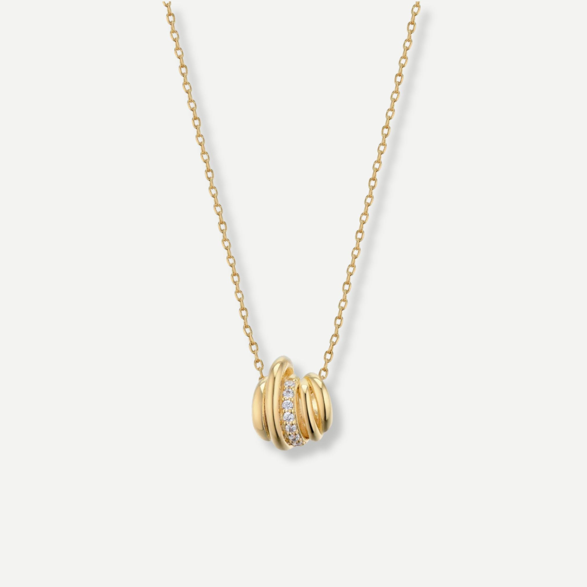 Gold necklace with a circular pendant on a white background