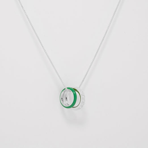 Chica Stones and Shamrock Green Enamel Hoops Silver Necklace