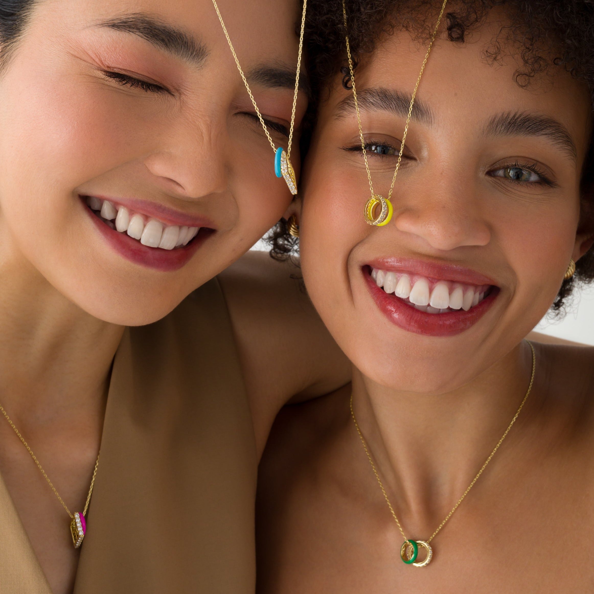 Nemy Stones and Neon Pink Enamel Hoops Silver Necklace