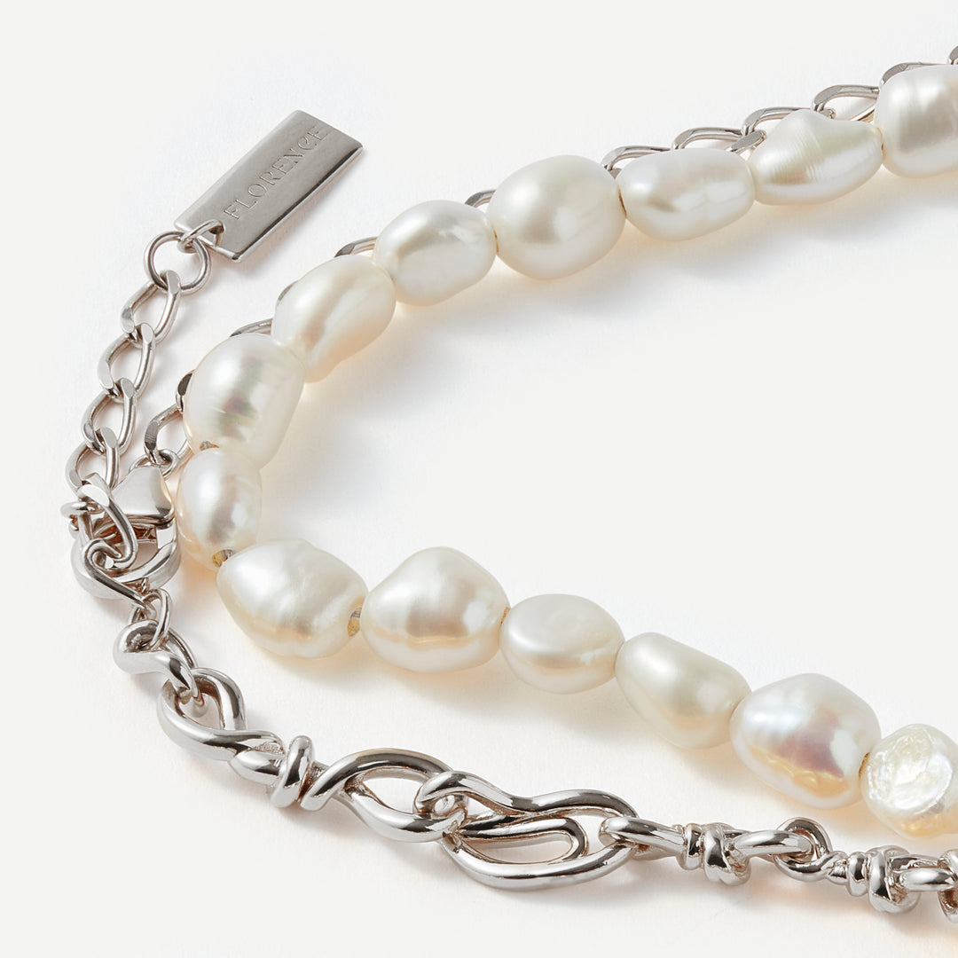 Versatile Wave Pearl Silver Necklace / Double Bracelet