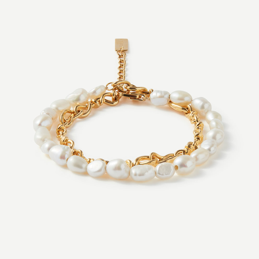 Versatile Wave Pearl Gold Necklace / Double Bracelet