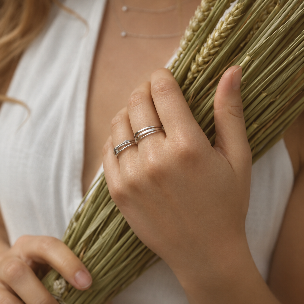A close-up lifestyle shot of a woman wearing two silver rings on her fingers while holding a bundle of dried wheat stalks. She is wearing a white sleeveless top and delicate silver necklaces.