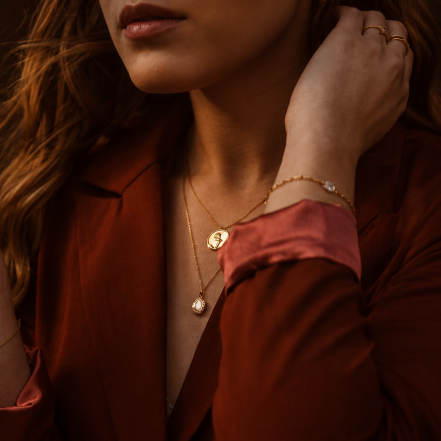 A close-up lifestyle shot of a woman wearing delicate gold jewelry, including a layered necklace with a round pendant, a bracelet, and rings, paired with a rust-colored blazer against a dark, warm-toned background.