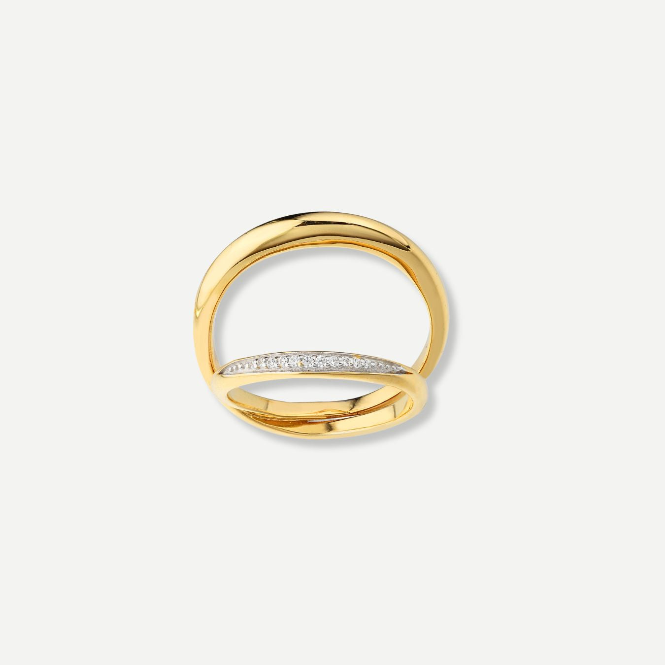 Gold ring with a diamond band on a white background