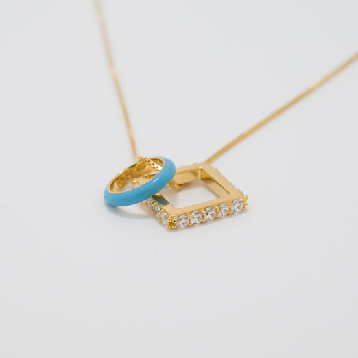 Nemy Stones and Powder Blue Enamel Hoops Gold Necklace