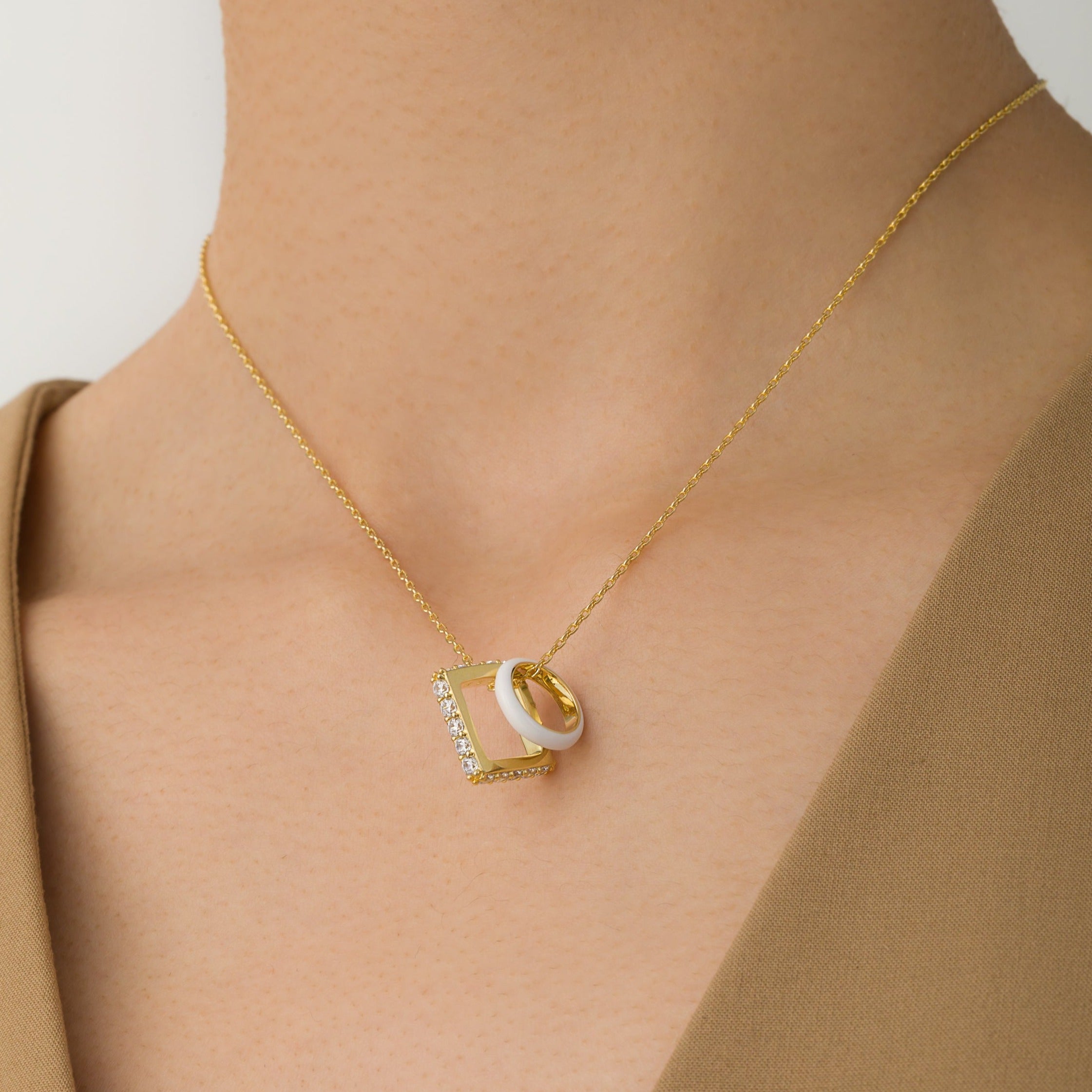 Nemy Stones and White Enamel Hoops Gold Necklace